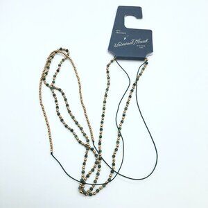 Universal Thread Necklace Multi Strand Semi Precious Beaded Gold Tone Green Long